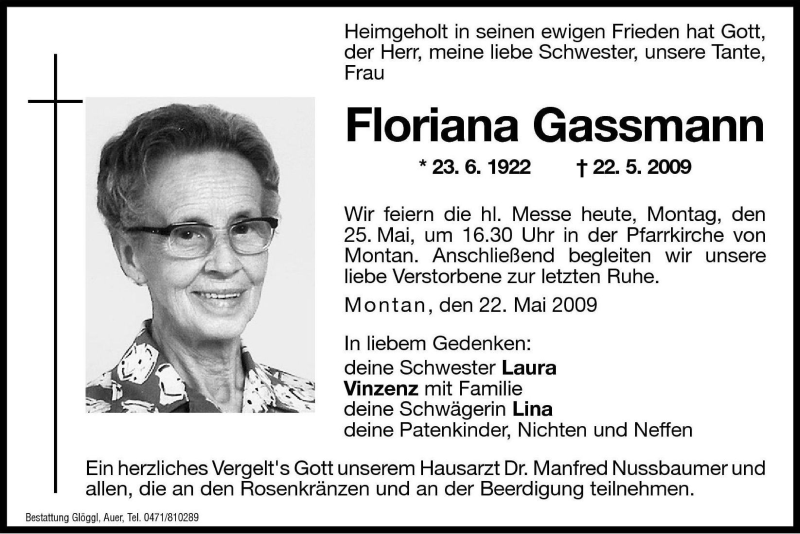  Traueranzeige für Floriana Gassmann vom 25.05.2009 aus Dolomiten
