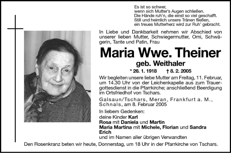  Traueranzeige für Maria Theiner vom 10.02.2005 aus Dolomiten