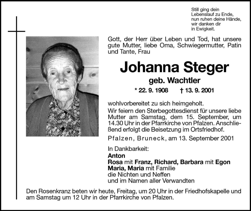 Traueranzeigen von Johanna Steger | Trauer.bz