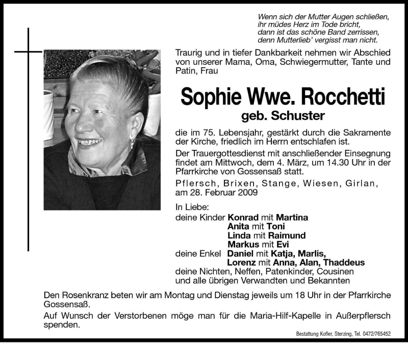  Traueranzeige für Sophie Rocchetti vom 02.03.2009 aus Dolomiten