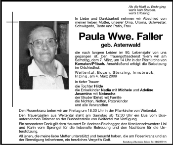 Traueranzeige von Paula Faller von Dolomiten