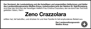 Traueranzeige von Zeno Crazzolara von Dolomiten