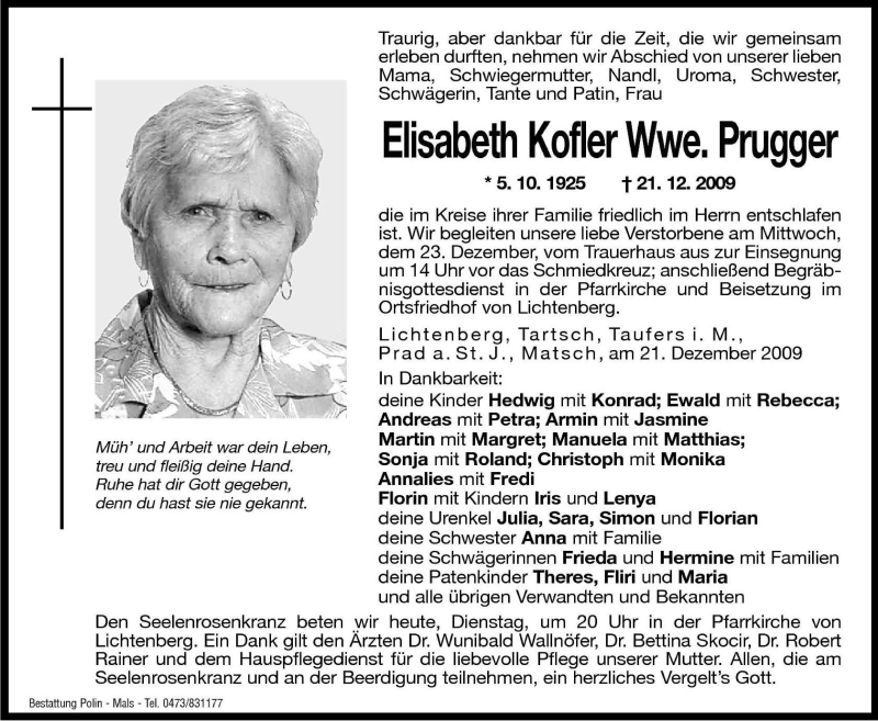  Traueranzeige für Elisabeth Prugger vom 22.12.2009 aus Dolomiten