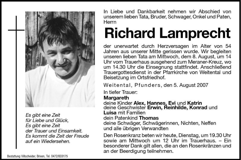  Traueranzeige für Richard Lamprecht vom 07.08.2007 aus Dolomiten