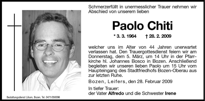  Traueranzeige für Paolo Chiti vom 03.03.2009 aus Dolomiten