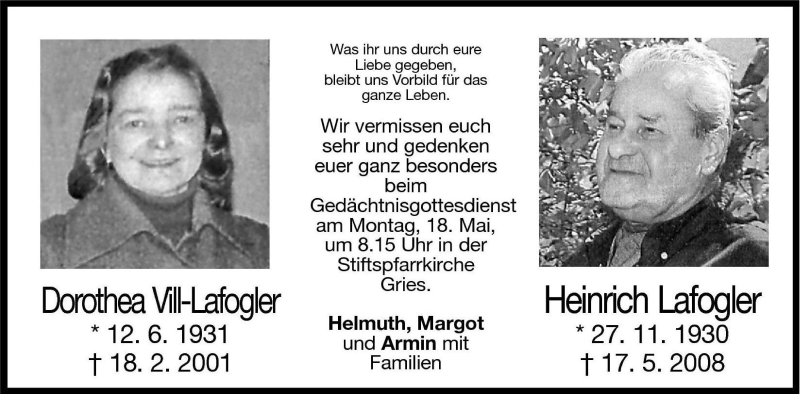  Traueranzeige für Dorothea Vill-Lafogler vom 16.05.2009 aus Dolomiten