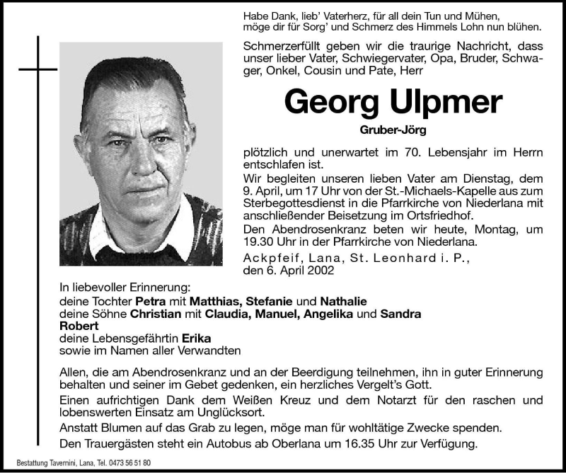 Traueranzeige für Georg Ulpmer vom 08.04.2002 aus Dolomiten