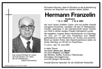 Traueranzeige von Hermann Franzelin von Dolomiten