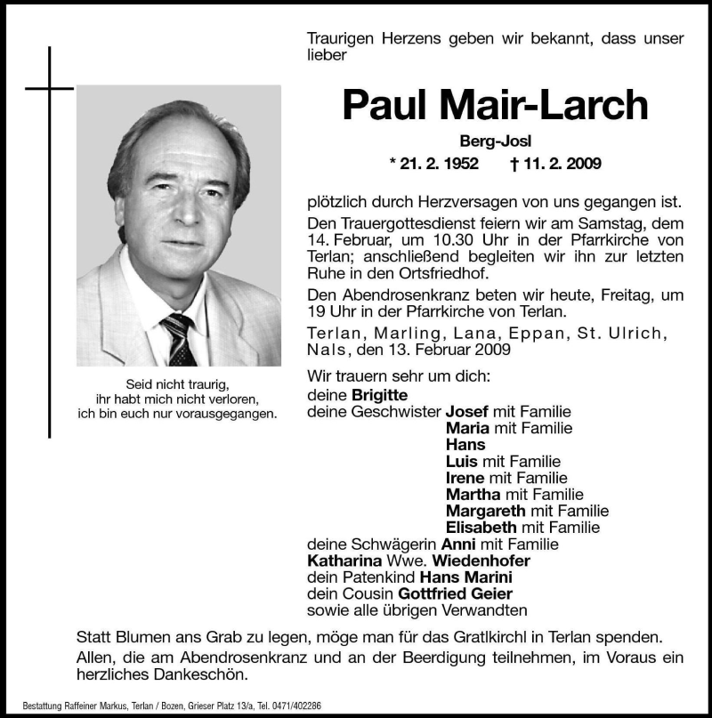  Traueranzeige für Paul Mair-Larch vom 13.02.2009 aus Dolomiten