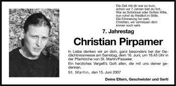 Traueranzeige von Christian Pirpamer von Dolomiten