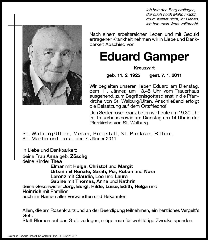  Traueranzeige für Eduard Gamper vom 10.01.2011 aus Dolomiten