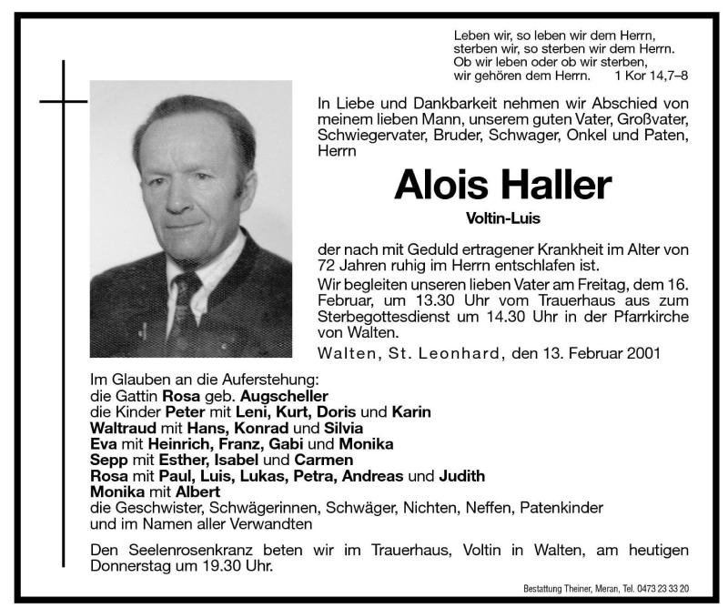 Traueranzeige für Alois Haller vom 15.02.2001 aus Dolomiten