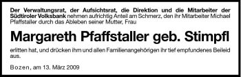 Traueranzeige von Margareth Pfaffstaller von Dolomiten