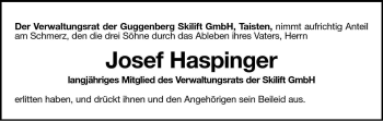Traueranzeige von Josef Haspinger von Dolomiten