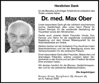 Traueranzeige von Max Ober von Dolomiten