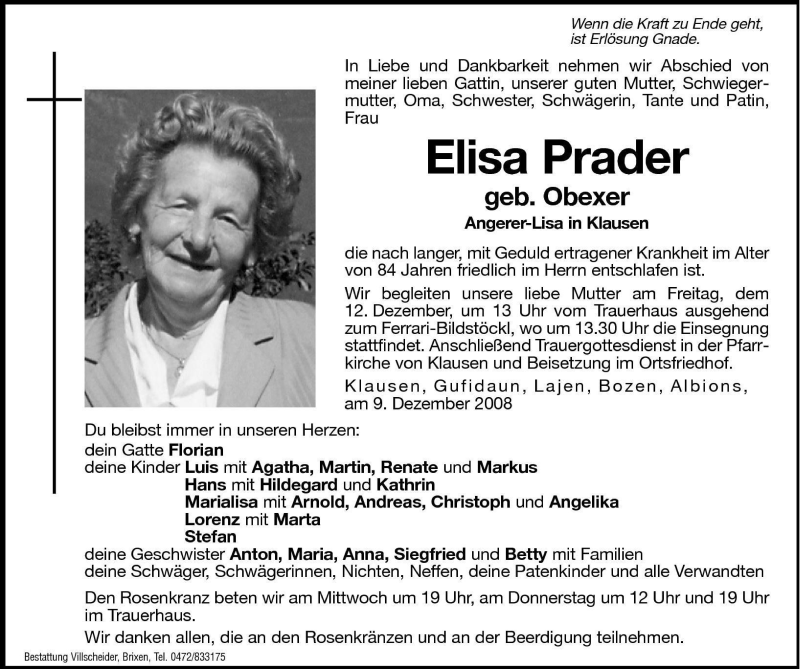  Traueranzeige für Elisabeth Prader vom 10.12.2008 aus Dolomiten