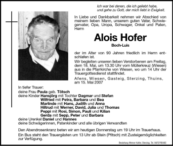Traueranzeige von Alois Hofer von Dolomiten