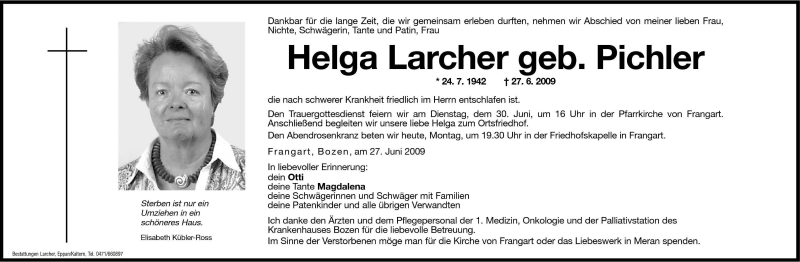  Traueranzeige für Helga Larcher vom 29.06.2009 aus Dolomiten