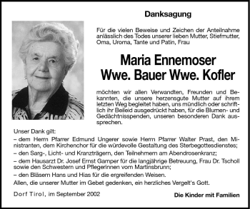 Traueranzeige von Maria Bauer von Dolomiten