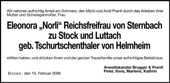Traueranzeige von Eleonora  von Sternbach zu Stock und Luttach von Dolomiten