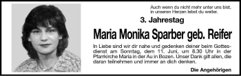 Traueranzeige von Maria Monika Sparber von Dolomiten