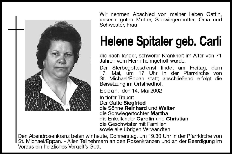  Traueranzeige für Helene Spitaler vom 16.05.2002 aus Dolomiten