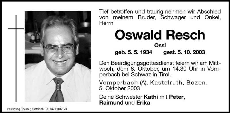  Traueranzeige für Oswald Resch vom 07.10.2003 aus Dolomiten