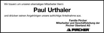 Traueranzeige von Paul Urthaler von Dolomiten