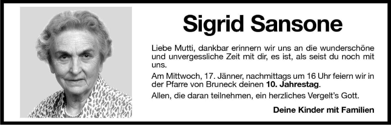  Traueranzeige für Sigrid Sansone vom 17.01.2007 aus Dolomiten