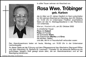 Traueranzeige von Rosa Tröbinger von Dolomiten