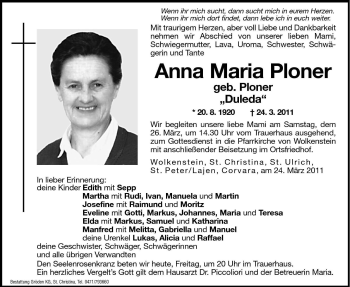 Traueranzeige von Anna Maria Ploner von Dolomiten