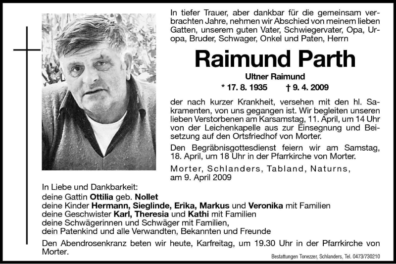  Traueranzeige für Raimund Parth vom 10.04.2009 aus Dolomiten