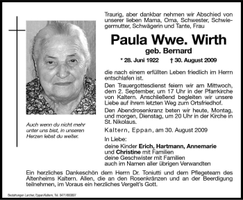 Traueranzeige von Paula Wirth von Dolomiten