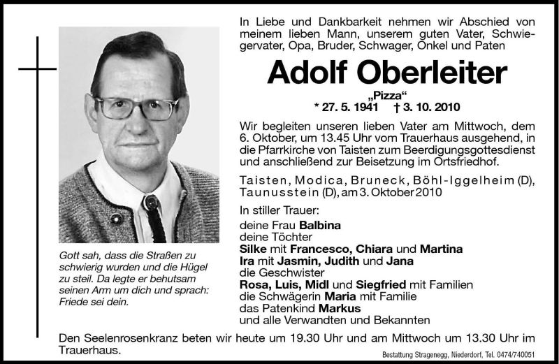  Traueranzeige für Adolf Oberleiter vom 05.10.2010 aus Dolomiten