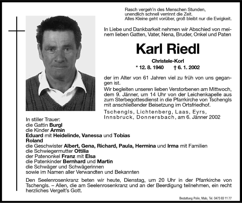  Traueranzeige für Karl Riedl vom 08.01.2002 aus Dolomiten