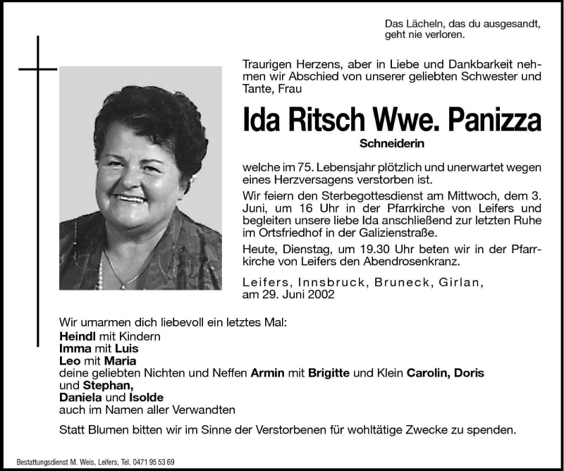  Traueranzeige für Ida Panizza vom 02.07.2002 aus Dolomiten