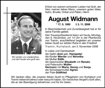 Traueranzeige von August Widmann von Dolomiten