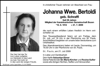 Traueranzeige von Johanna Bertoldi von Dolomiten