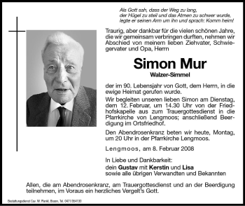 Traueranzeige von Simon Mur von Dolomiten