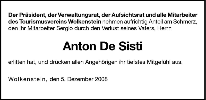  Traueranzeige für Anton De Sisti vom 06.12.2008 aus Dolomiten