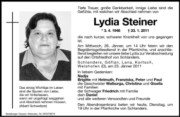 Traueranzeige von Lydia Steiner von Dolomiten