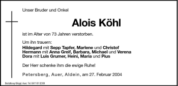 Traueranzeige von Alois Köhl von Dolomiten