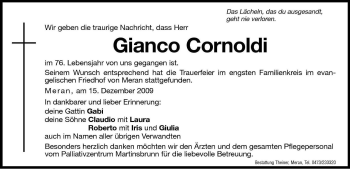 Traueranzeige von Gianco Cornoldi von Dolomiten