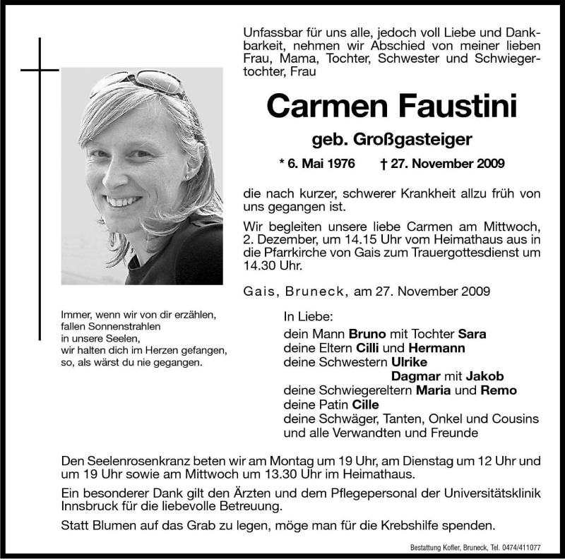  Traueranzeige für Carmen Faustini vom 30.11.2009 aus Dolomiten