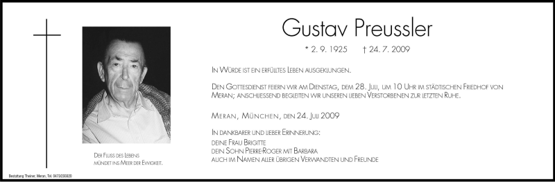  Traueranzeige für Gustav Preussler vom 27.07.2009 aus Dolomiten