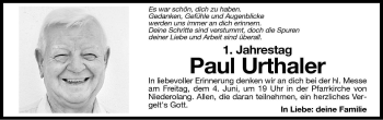 Traueranzeige von Paul Urthaler von Dolomiten