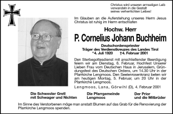 Traueranzeige von P. Cornelius Johann Buchheim von Dolomiten