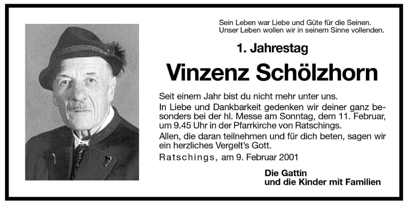  Traueranzeige für Vinzenz Schölzhorn vom 09.02.2001 aus Dolomiten