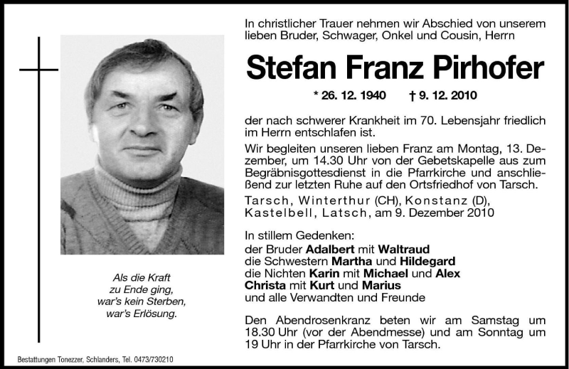  Traueranzeige für Stefan Franz Pirhofer vom 11.12.2010 aus Dolomiten
