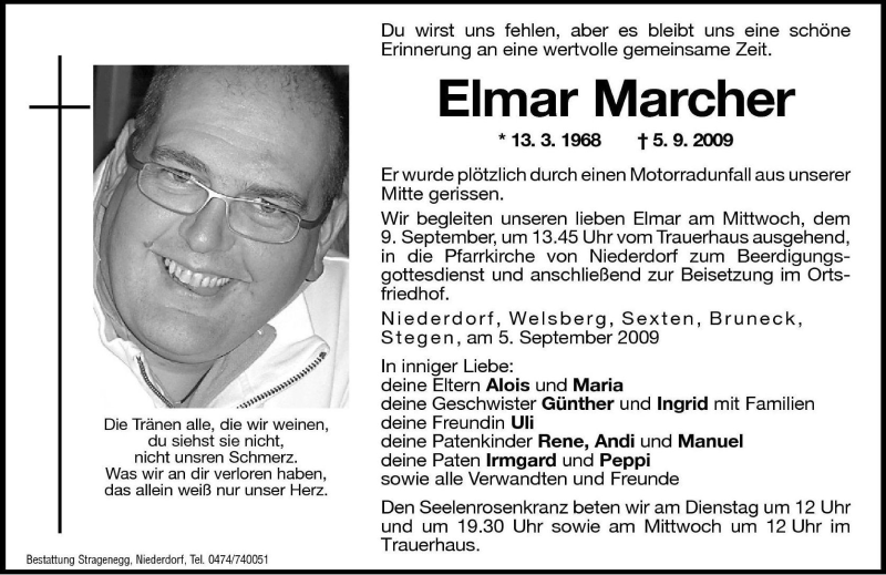  Traueranzeige für Elmar Marcher vom 07.09.2009 aus Dolomiten